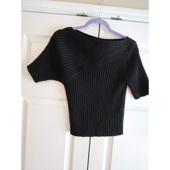 Böhme Black Ribbed Knit Sweater Top L Short Sleeve Textured Stretch NWT - Picture 1 of 12